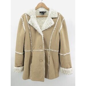 VTG 1980s Fu Da Womens Faux Suede Shearling Coat M Tan Sherpa Western Boho